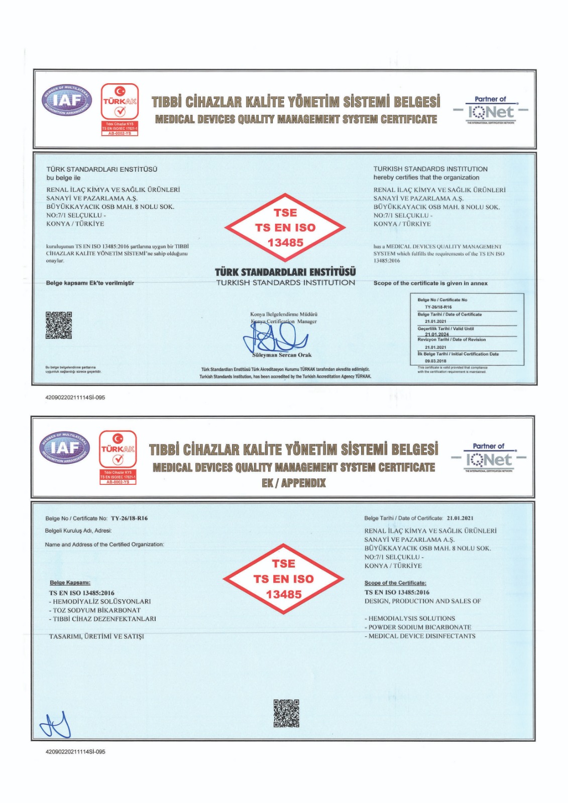 ISO 13485 Tıbbı Cihazlar Kalite Yönetim Sistemi Belgesi  (türkçe) 